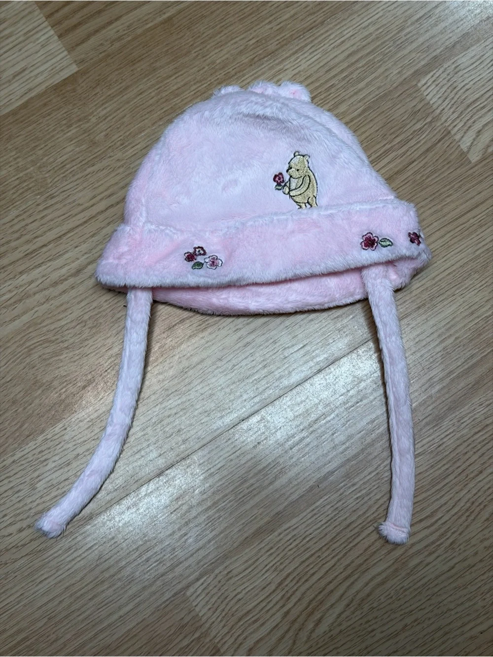 Disney Classic Pooh Pink Plush Winter Hat Winnie the Pooh Floral Ear Flap Tie